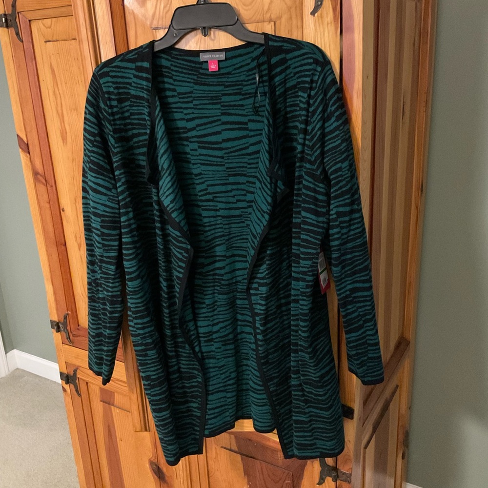 NWT Vince Camuto Black & Green Striped Open Light Sweater Cardigan | L